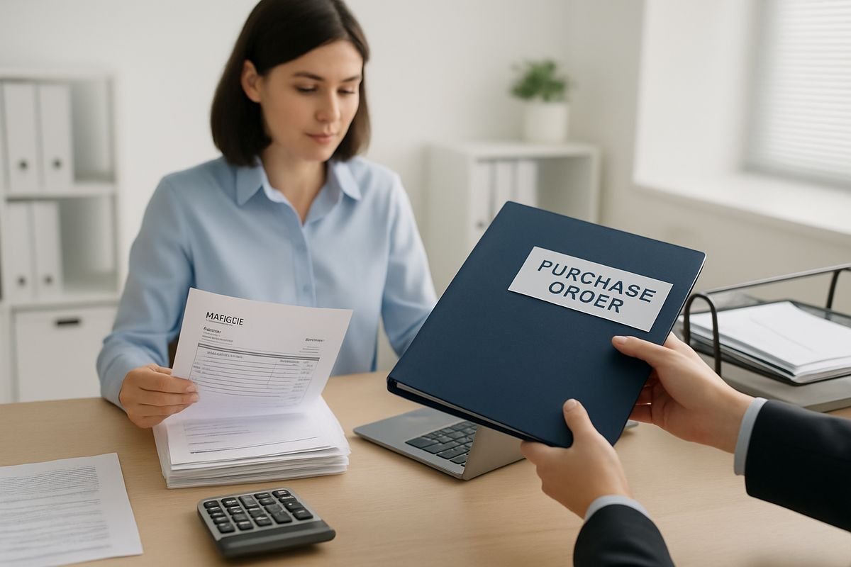 Accounts Payable Workflow: What It Is and Why It Matters 1 A finance team member at a desk reviewing a stack of supplier invoices on a laptop while another person hands over a purchase order folder, with paper documents, a calculator, and a tray of incoming mail nearby in a tidy office