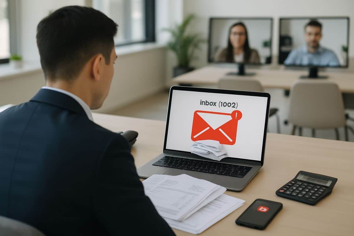 A finance manager at a desk in a modern office looking at an overflowing email inbox on a laptop while paper invoices, a calculator, and a phone with message notifications sit beside them, with colleagues working remotely on screens in the background