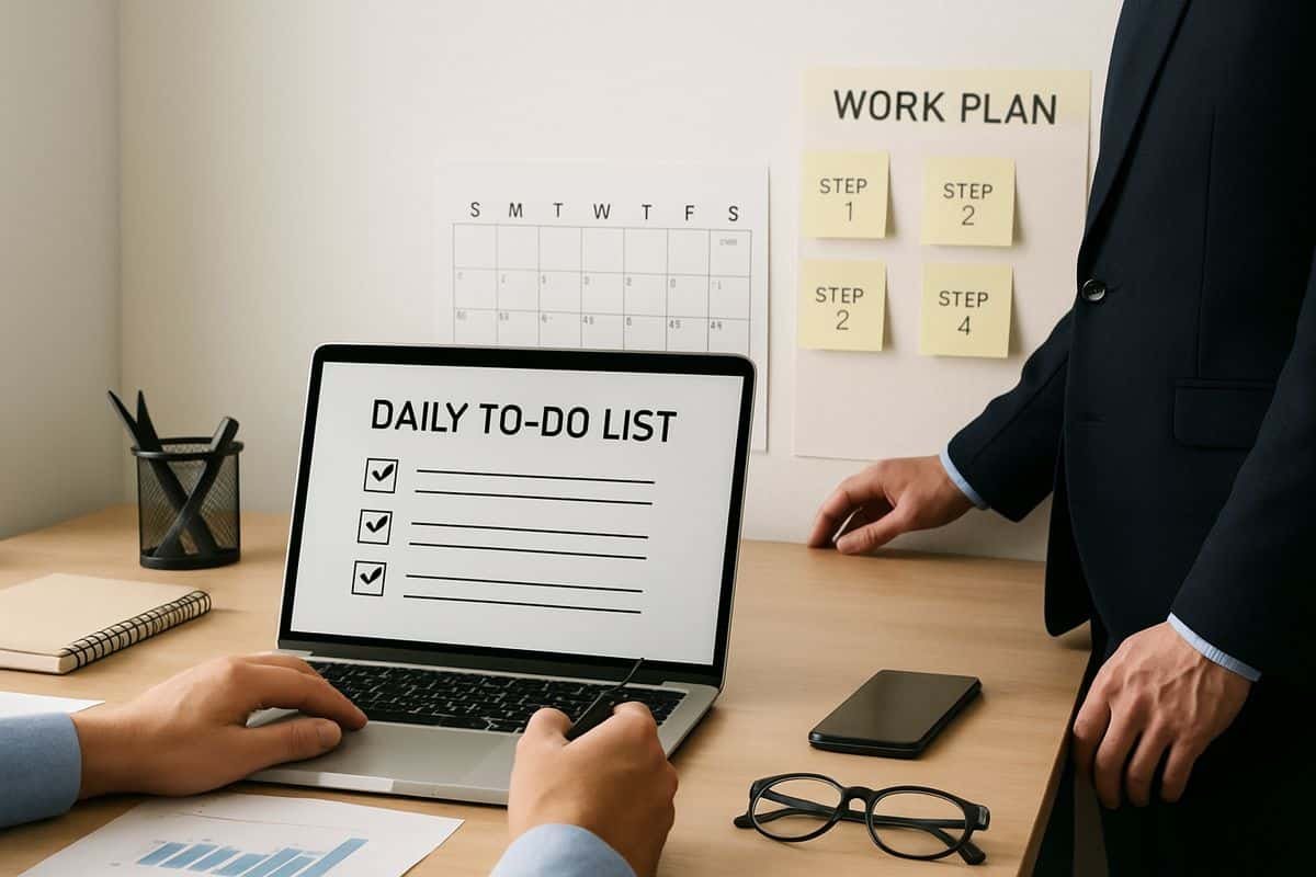 A busy office desk with one person checking off a simple daily to-do list on a laptop while another person stands beside a wall calendar and a set of sticky notes showing a larger multi-step work plan