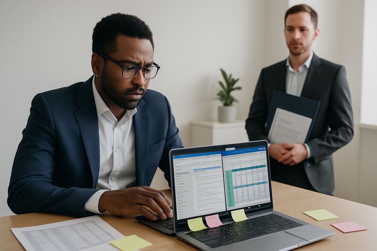 A finance manager at a desk looking at a laptop with a messy mix of open email, spreadsheet tabs, and sticky notes, while a second person waits nearby holding a folder of invoices