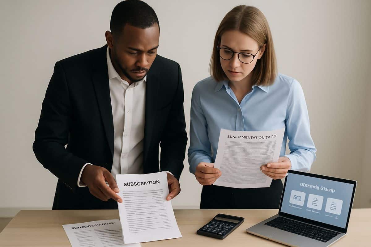 Software Implementation Costs: The Hidden Fees to Watch 1 A business owner and finance lead standing beside a desk covered with a software proposal, a laptop showing setup screens, and a calculator, comparing a simple subscription sheet with a longer implementation plan
