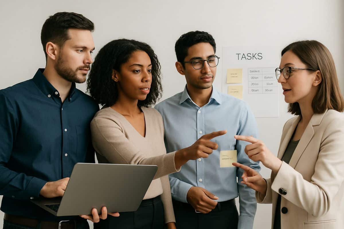 Do You Really Need a Task Management Tool? 1 A small business team gathered around a wall board and laptop, with one person assigning tasks while others point to sticky notes and a spreadsheet showing owners and due dates
