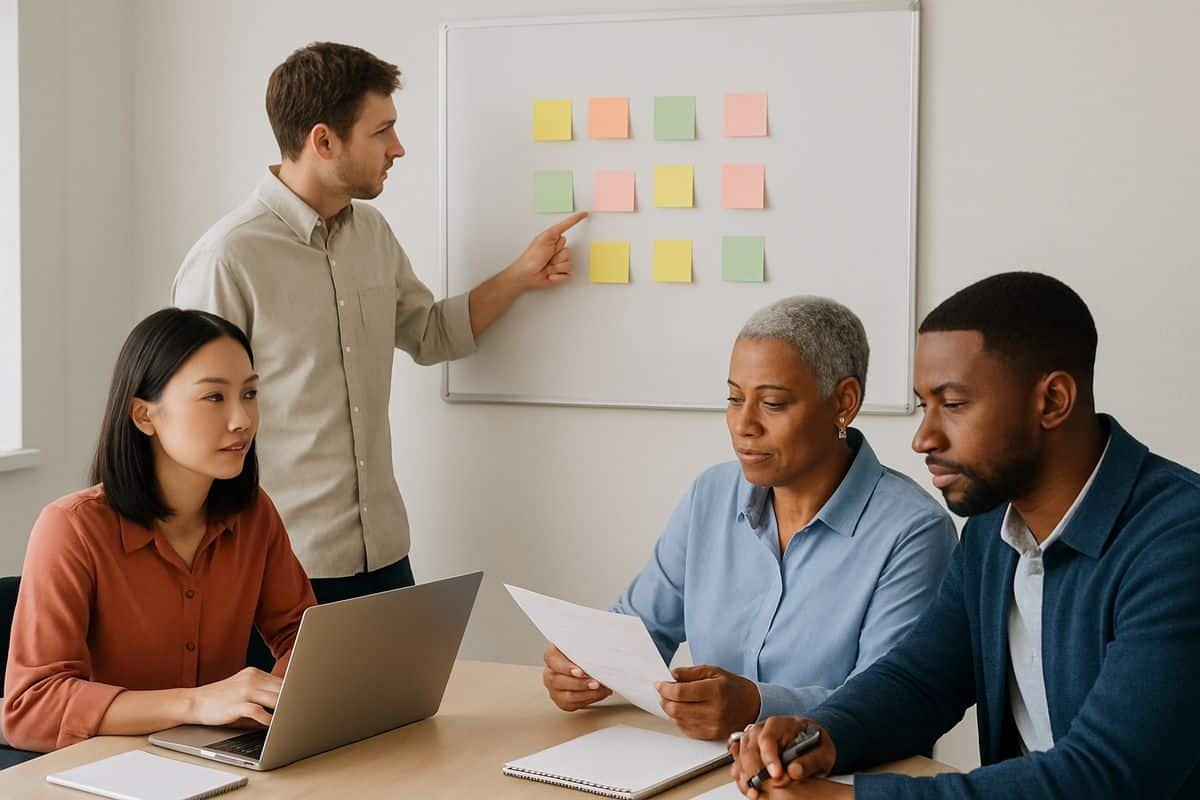 A small business team gathered around a meeting table, with one person pointing to a whiteboard covered in sticky notes and another person checking a laptop, while a finance manager and operations lead review a shared workflow