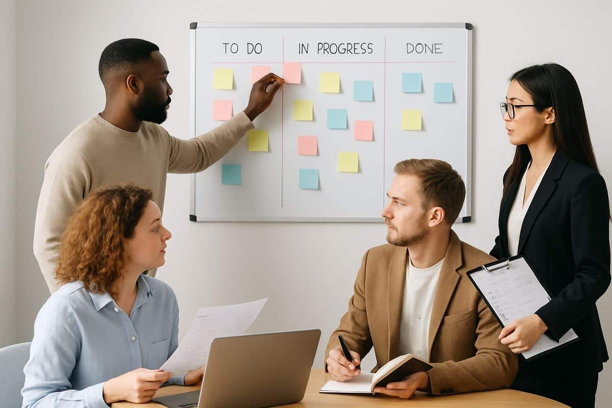 A small business team gathered around a wall-mounted planning board and laptop, with one person moving sticky notes while others look over invoices, notebooks, and a shared task list