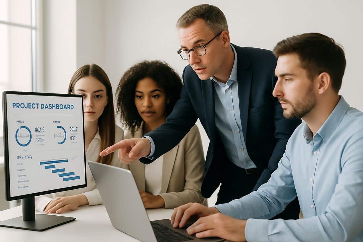A small business team gathered around a laptop in a bright office, looking at a project dashboard with timelines, budgets, and task owners while a finance manager points at a screen