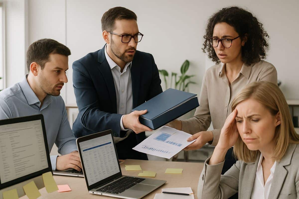 A busy office scene with finance and operations staff passing folders, checking spreadsheets, and looking frustrated at scattered work across laptops, sticky notes, and open inboxes