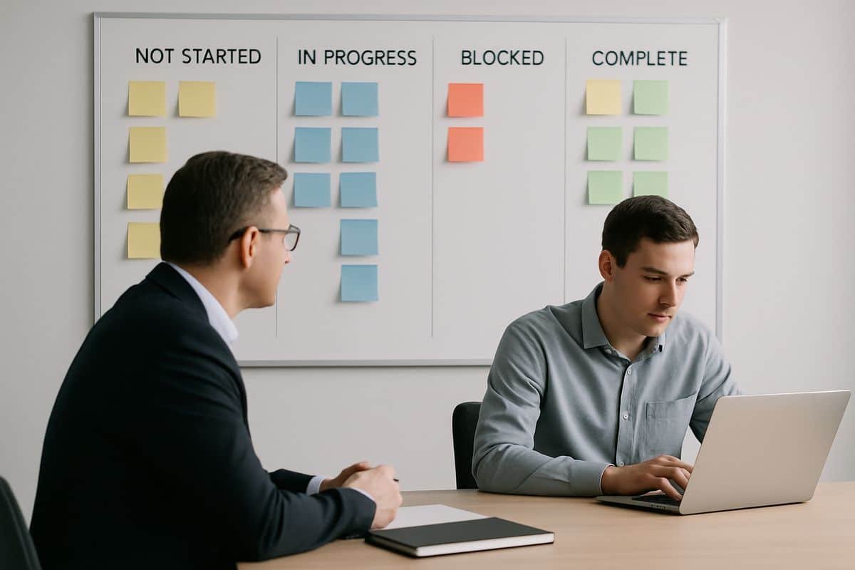 An operations manager at a desk looking at a large wall board with task cards in columns for not started, in progress, blocked, and complete, while another team member updates a task on a laptop beside them