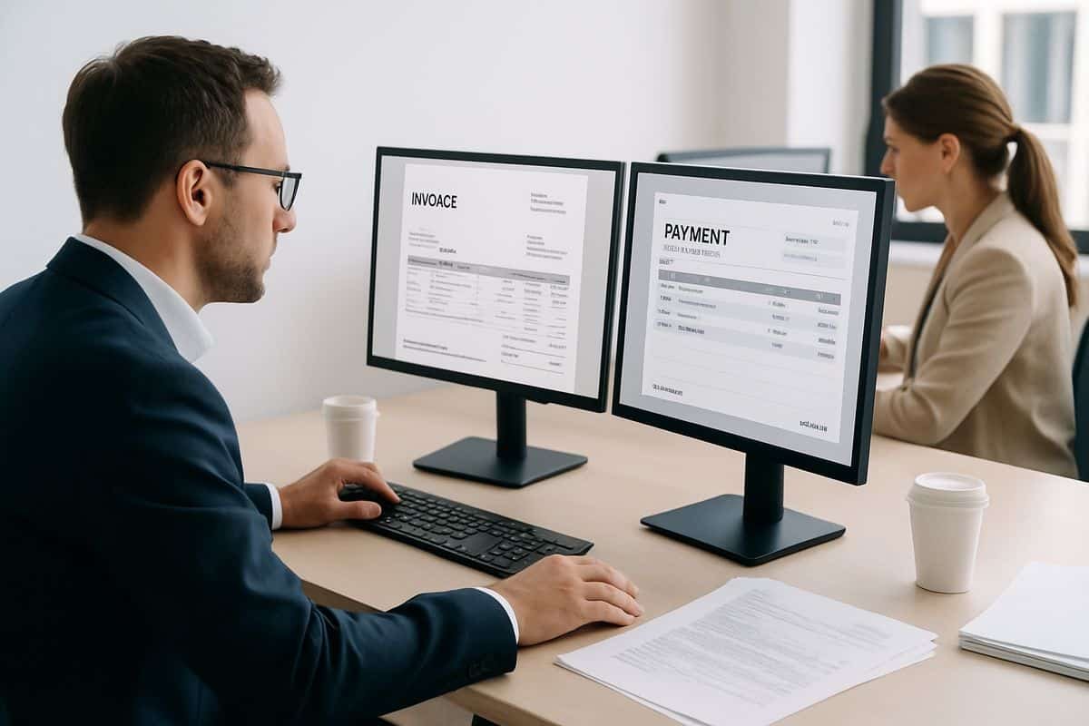 A finance manager in a modern office looking at two computer screens showing matching invoices and payment records, while a teammate updates a separate operations system beside them, with paperwork and coffee cups scattered on the desk