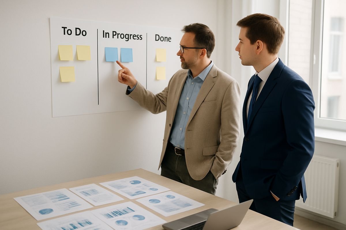 A business owner and a finance manager standing over a desk covered with printed reports and a laptop, pointing at a simple workflow board with cards moving through different stages in a bright office