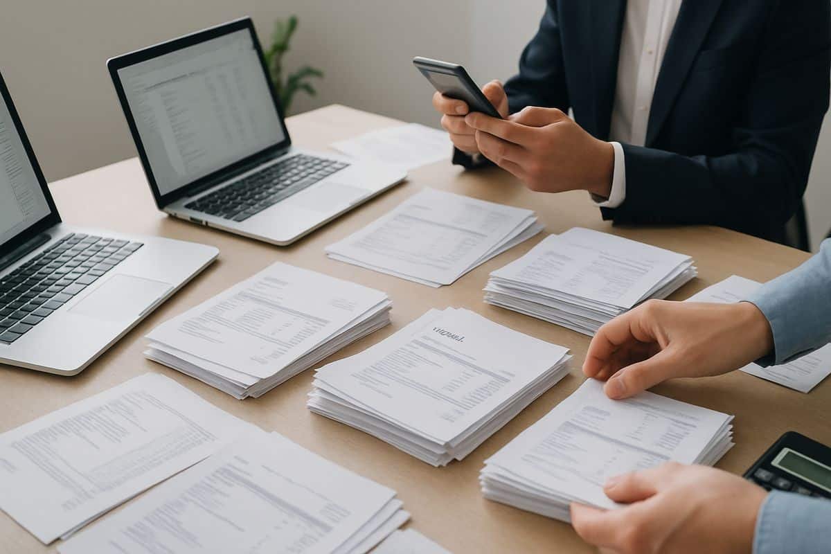 Xero Accounts Payable: The Workflow Gap Explained 1 A busy finance desk with several open laptops, paper invoices spread across the table, a manager checking an inbox on a phone, and a payroll or finance team member sorting bills into piles for approval and payment