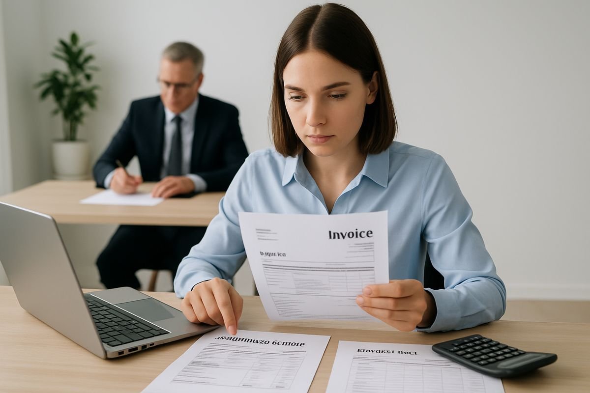 An accounts payable team member at a desk reviewing a printed supplier invoice beside a laptop, with a purchase order, delivery note, and calculator spread out, while a manager in the background signs off on paperwork