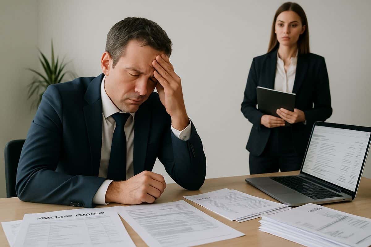 The Purchase Approval Process, Without the Finance Chaos 1 A stressed finance manager at a desk covered with printed purchase requests, a laptop showing an email inbox, and a stack of invoices while a colleague waits nearby with a folder