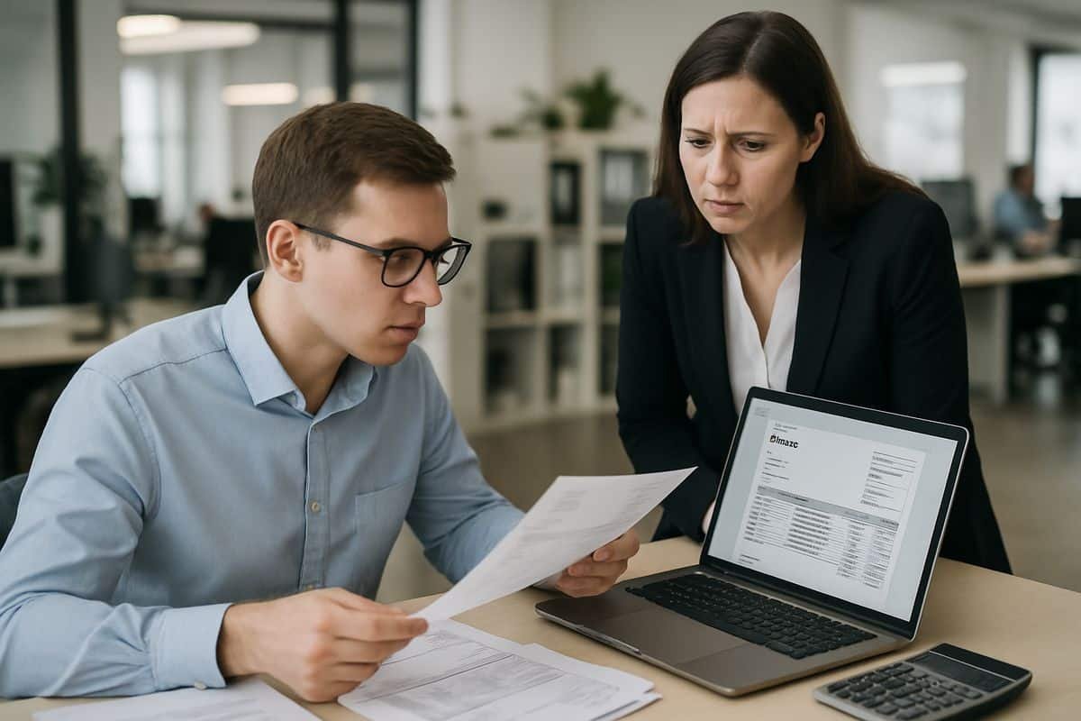 An accounts payable clerk at a desk comparing emailed supplier invoices on a laptop screen with a stack of printed bills and a calculator, while a finance manager looks on with a concerned expression in a busy office
