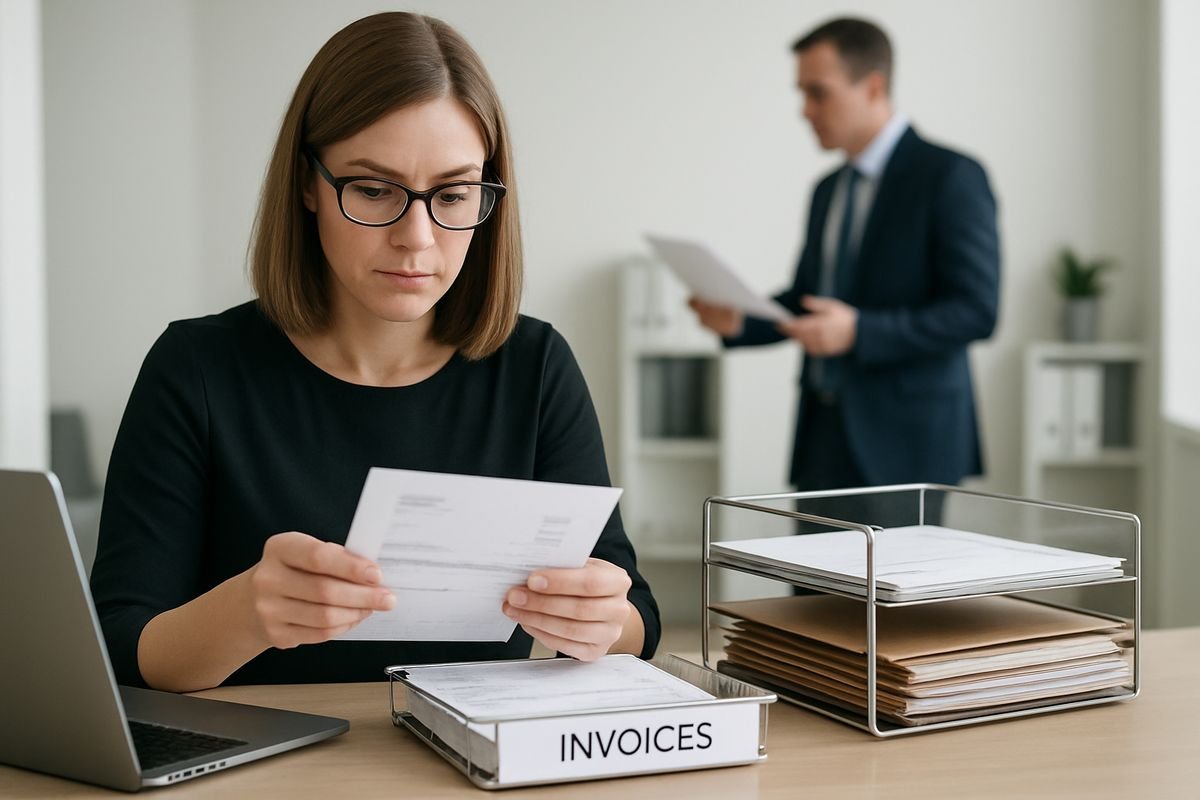 How to Set Up Invoice Approvals in Xero 1 An office administrator at a desk sorting paper supplier invoices beside an open laptop, with one inbox tray for incoming bills, a stack of files, and a manager discussing a payment query in the background