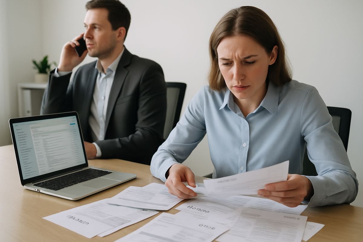 How to Avoid Late Payments With Better AP Control 1 A busy office desk with scattered invoices, an open laptop showing an email inbox, a manager talking on the phone, and a finance employee sorting paper bills while looking stressed
