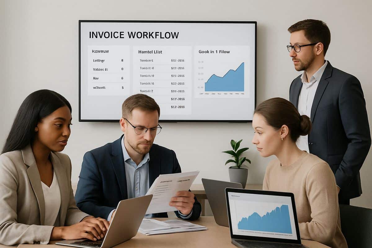 Xero Invoice Automation: What to Look for in a Tool 1 A finance team in a modern office reviewing invoice workflows on laptops and a wall-mounted dashboard, with one person checking a stack of supplier invoices and another looking at a cash flow chart