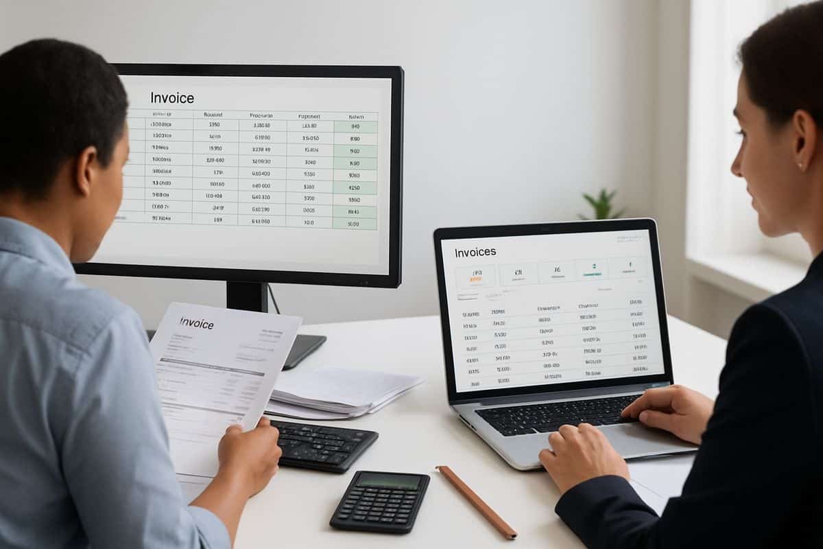 Accounts Payable Workflow: What It Is and Why It Matters 2 A side-by-side office scene showing one person manually entering invoice details into a spreadsheet on a cluttered monitor while, beside them, another person watches invoices move automatically through a software dashboard on a laptop in a cleaner workspace