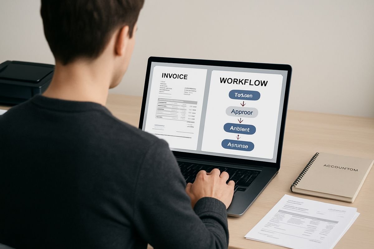 An operations team member reviewing a supplier invoice on a laptop as a digital workflow window routes it through several approvers, with a small stack of invoices, a document scanner, and an accounting notebook on the desk
