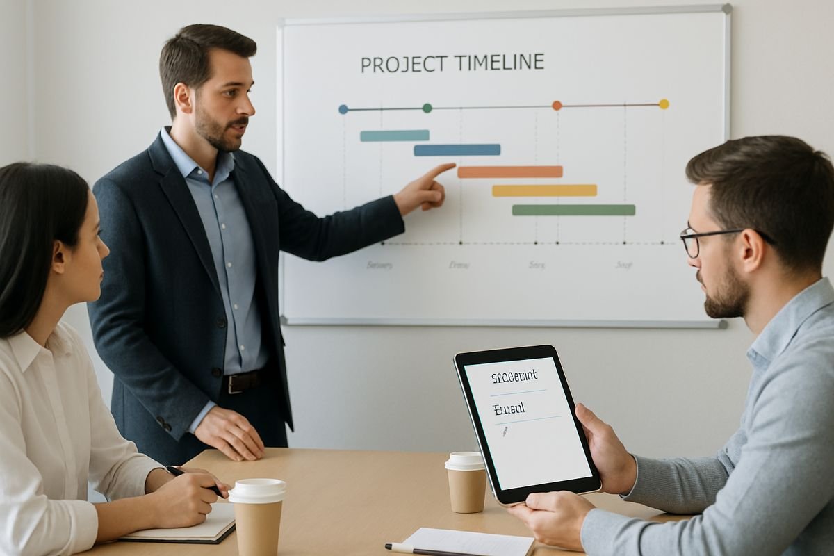 A team meeting around a conference table with one manager pointing to a timeline on a whiteboard while another employee reviews a single task checklist on a tablet, showing the difference between daily tasks and a coordinated project plan