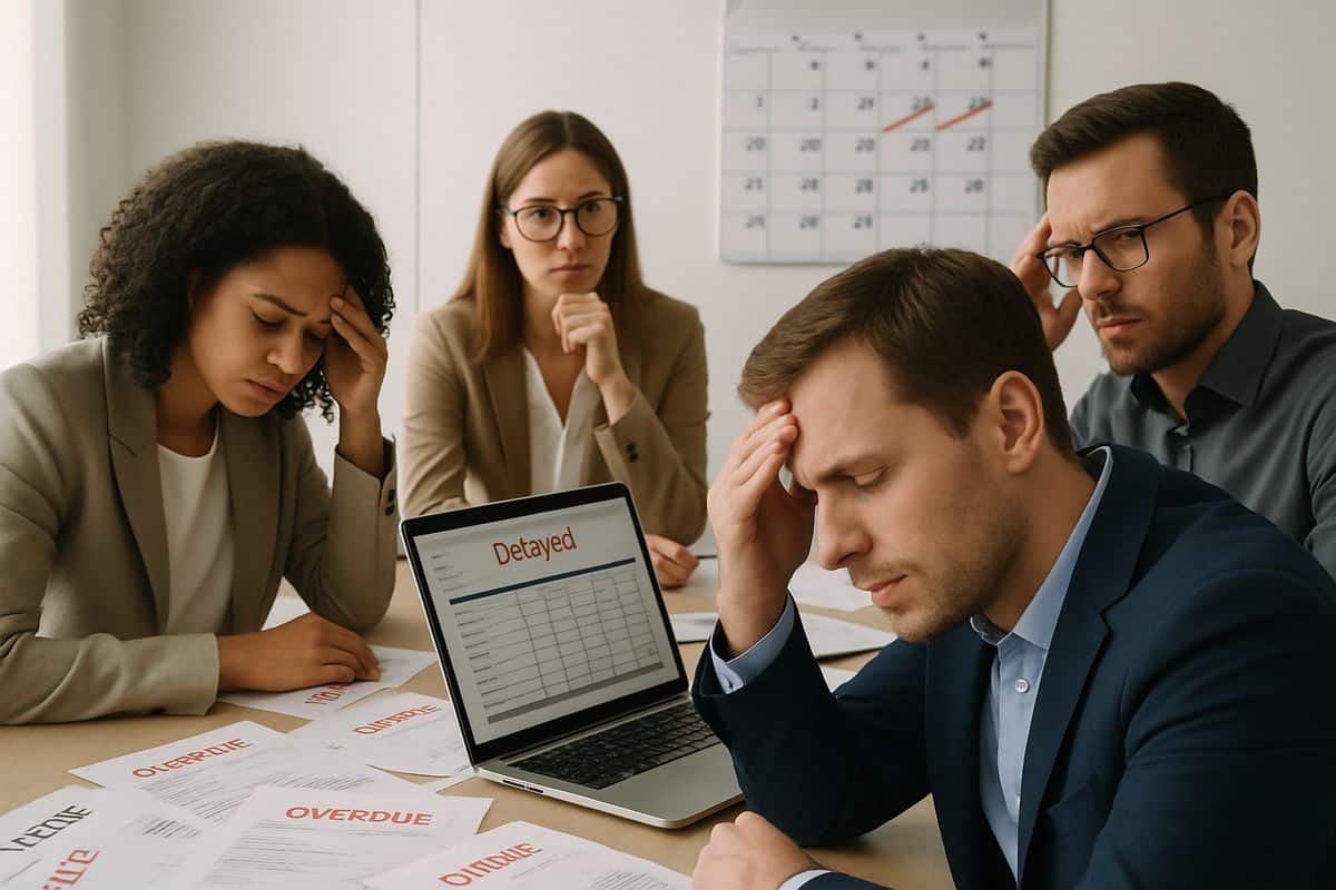 A stressed finance team in a meeting room surrounded by overdue invoices, a wall calendar marked with deadlines, and a laptop showing a delayed reporting spreadsheet while one person rubs their forehead