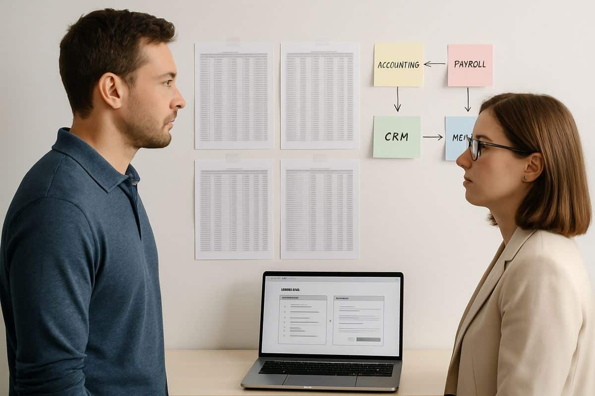 Software Implementation Costs: The Hidden Fees to Watch 2 An operations team member and an accountant looking at a wall of printed spreadsheets, a laptop with data import screens, and sticky notes mapping connections between accounting, payroll, CRM and inventory systems