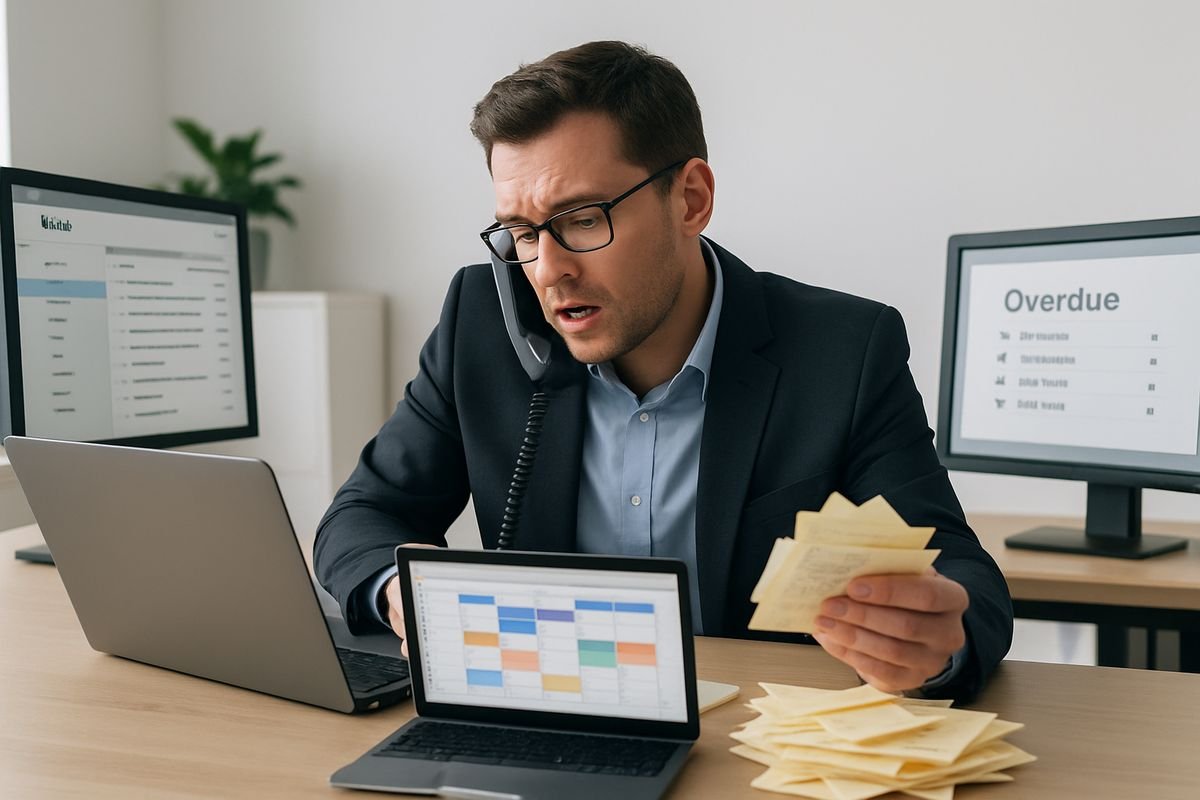 Do You Really Need a Task Management Tool? 2 An office manager at a desk juggling phone calls, email inboxes, and a messy stack of notes while overdue task reminders and calendar alerts are open on multiple screens