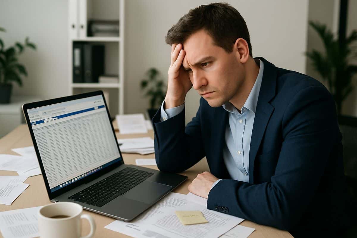 A frustrated office worker staring at a crowded spreadsheet on a laptop while several other open tabs, printed notes, and a coffee cup sit scattered across the desk in a busy small office