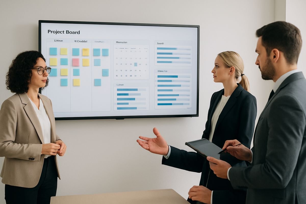 An office meeting with managers standing around a large monitor showing a project board, calendar, workload bars, and progress columns, while one person checks notes on a tablet