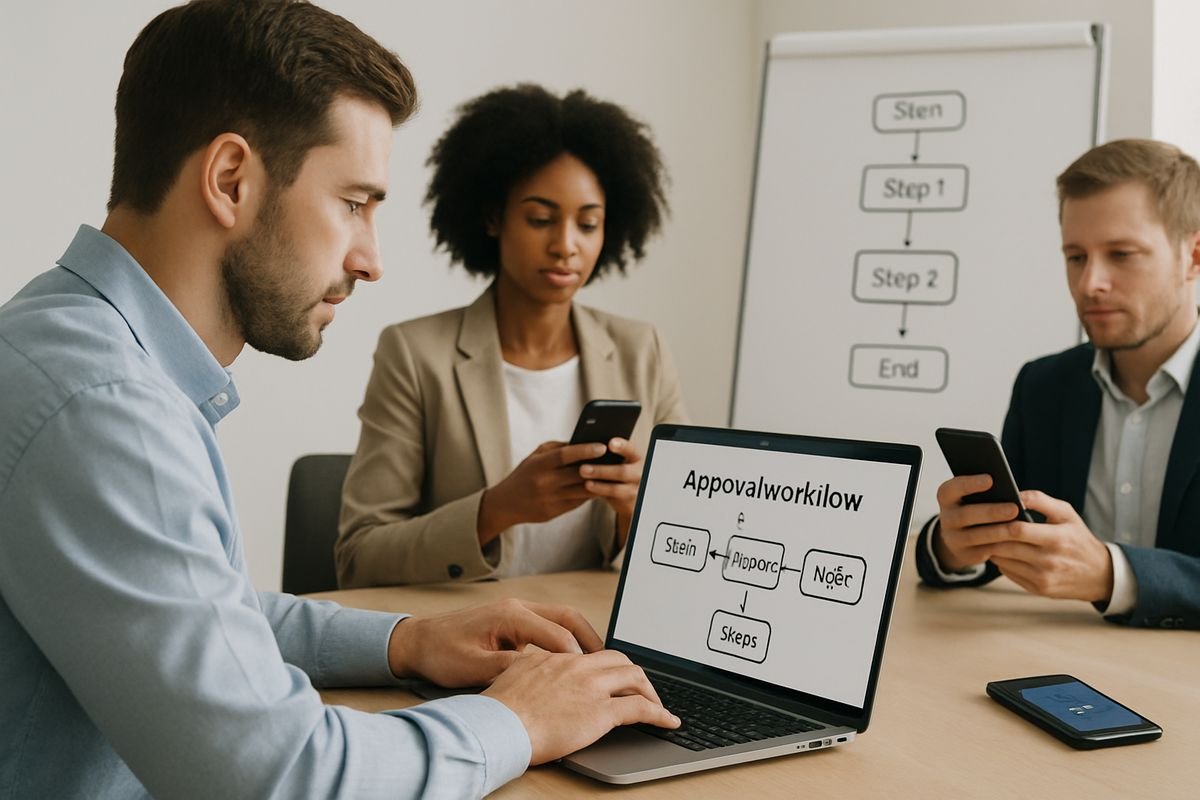 A team member setting up an approval workflow on a laptop while nearby colleagues receive task notifications on phones and a whiteboard shows a simple step-by-step process flow