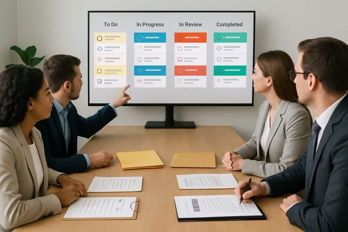 A team in a meeting room reviewing a shared task board on a screen, with printed checklists, file folders, and approval documents spread across the table to show owners, deadlines, notes, and audit trail