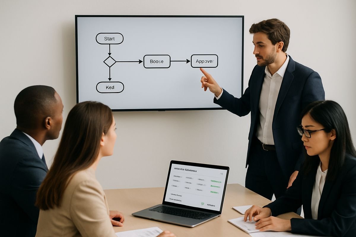 A business team in a meeting room watching a software demo on a large monitor, with one person pointing at a workflow diagram on the screen while another checks a laptop showing invoice approvals and sync status