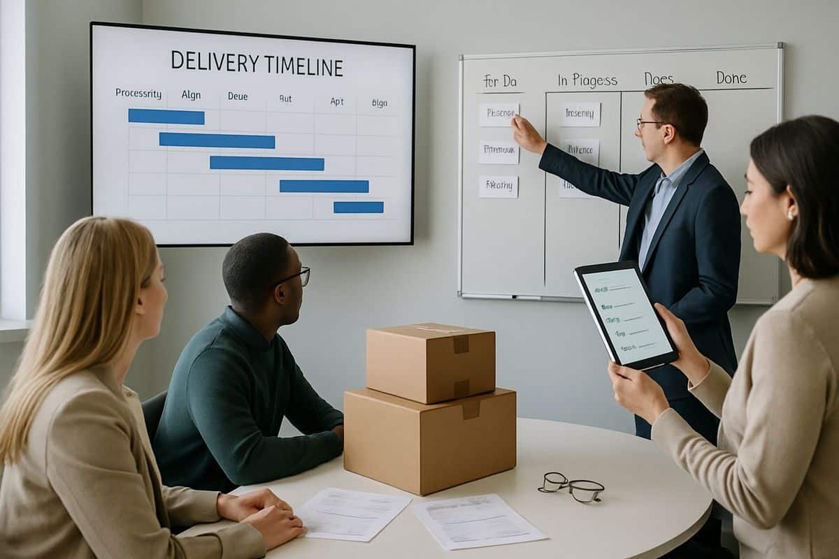 A team in a project room watching a large wall screen with a delivery timeline while one person moves task cards across a board and another checks a checklist on a tablet, with shipping boxes and invoices on a nearby table