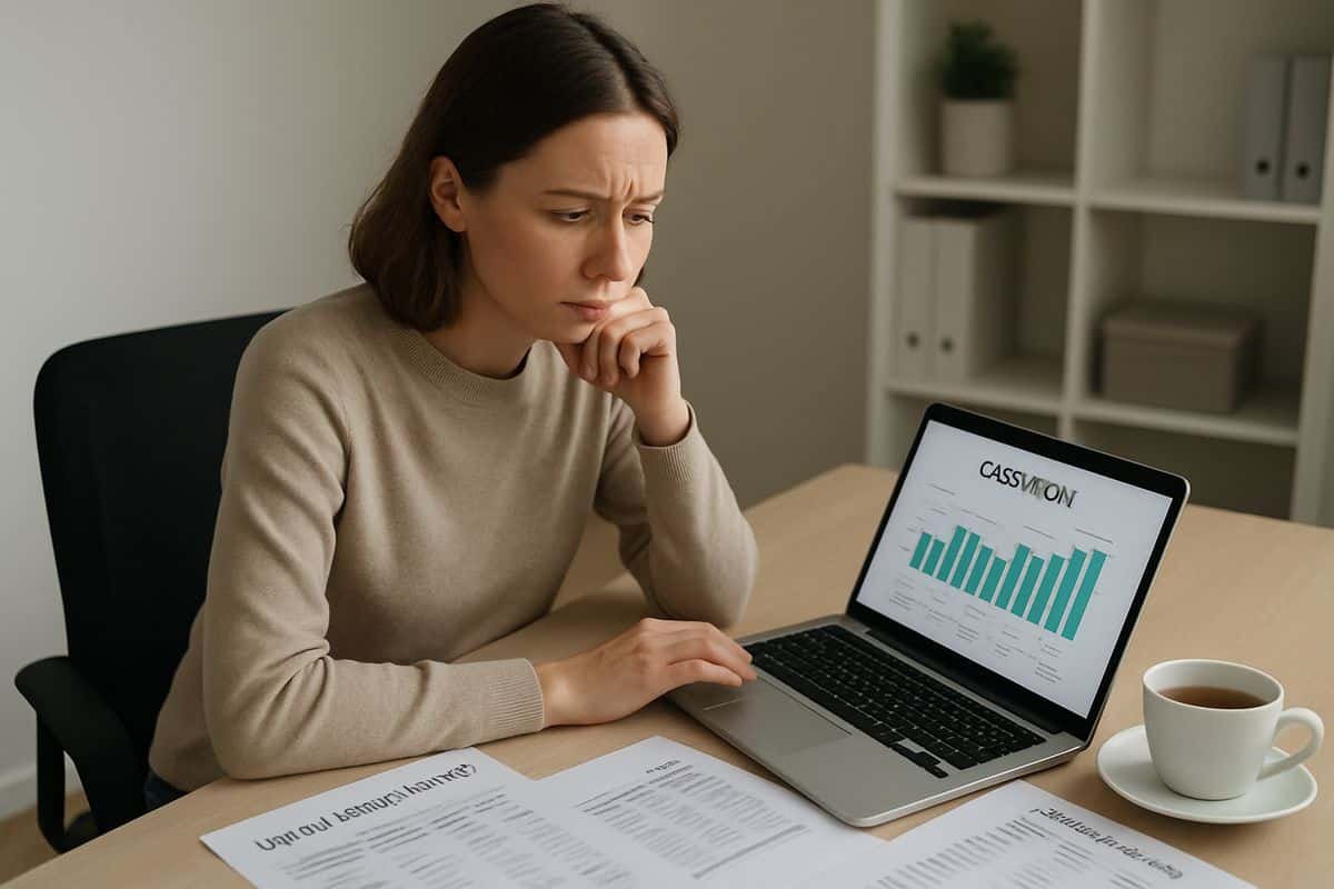 Xero Accounts Payable: The Workflow Gap Explained 2 A small business owner at a laptop in a quiet office, looking concerned while reviewing a cash flow screen, with unpaid supplier invoices, a calendar, and bank statements laid out beside a cup of tea