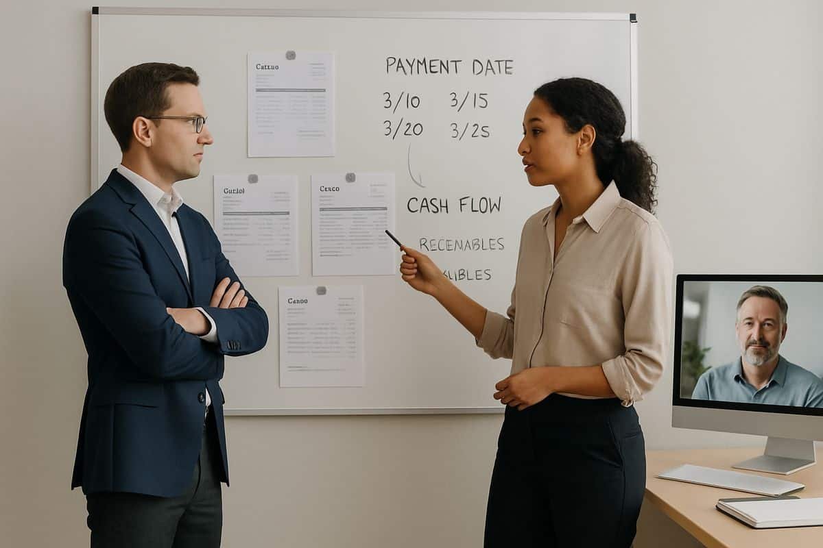 A finance manager and operations lead standing in front of a large office whiteboard covered with invoices, payment dates, and cash flow notes, with a supplier on a video call visible on a monitor nearby