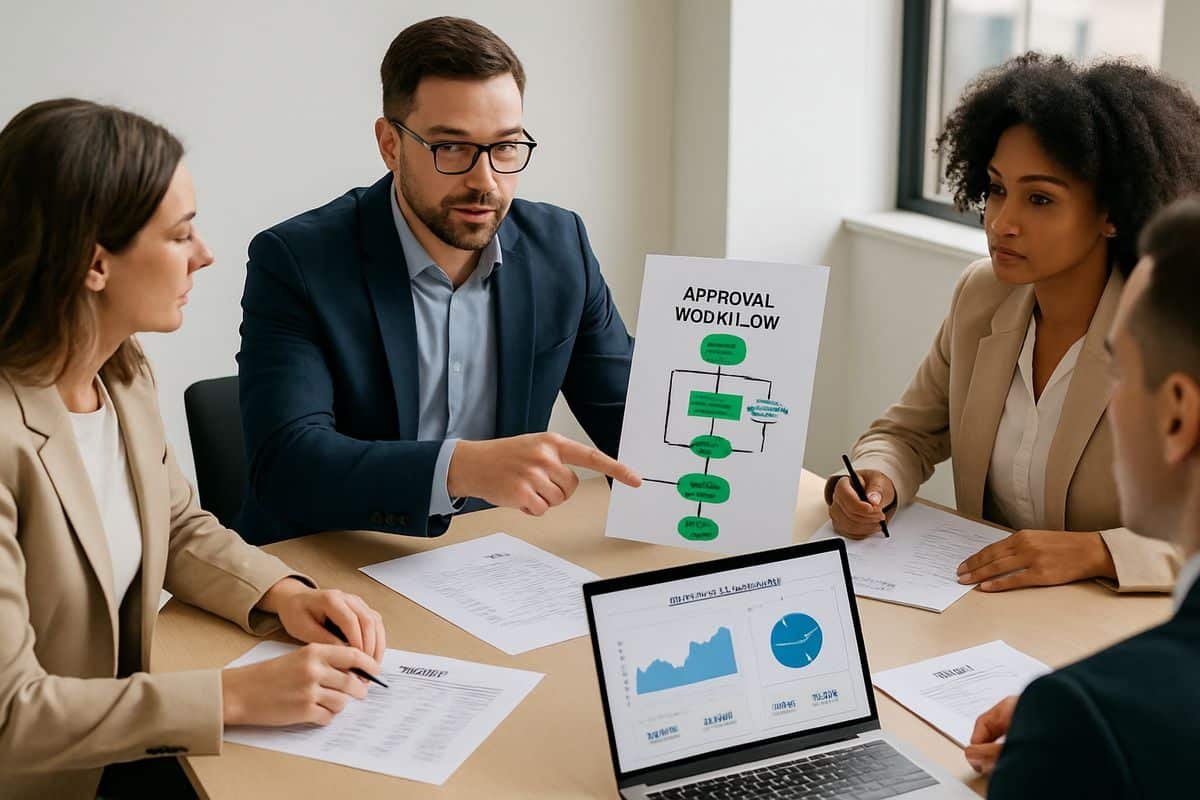 The Purchase Approval Process, Without the Finance Chaos 2 A team meeting around a conference table with one person pointing at a printed approval workflow chart, while others review budget sheets and a laptop open to a finance dashboard