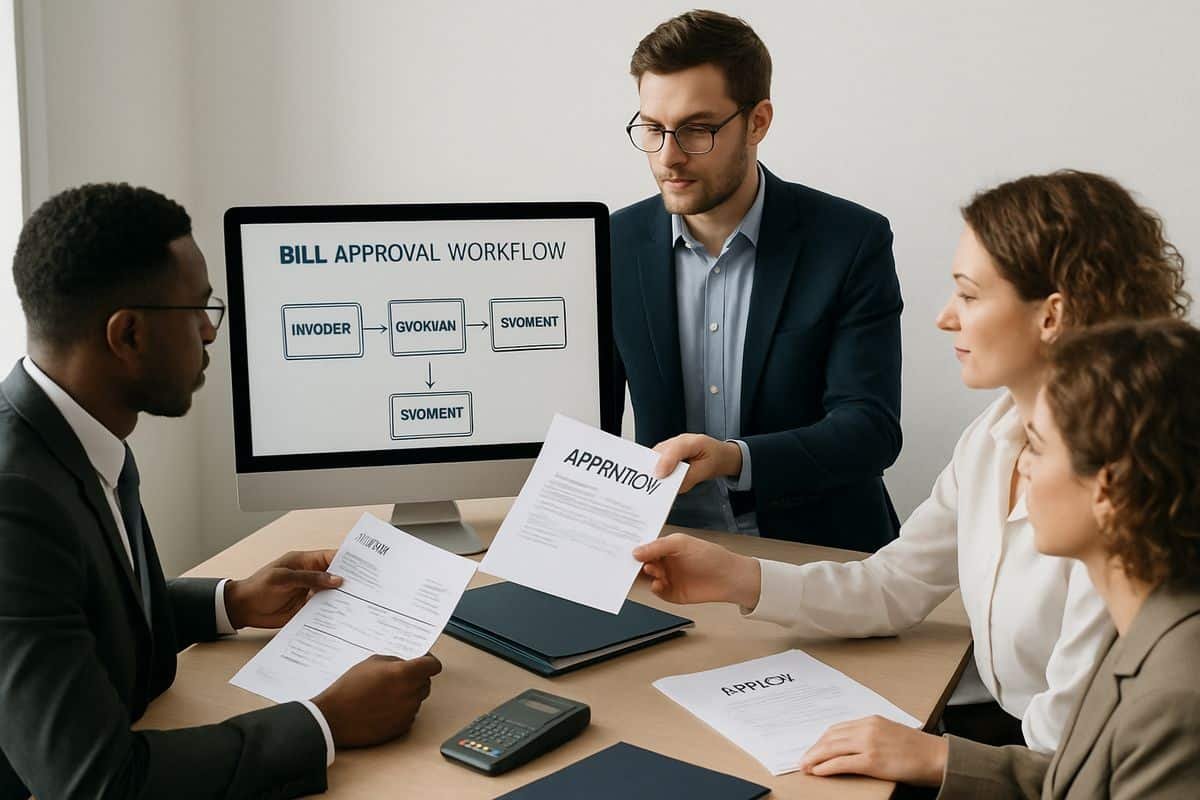 A finance team gathered around a monitor showing a bill approval workflow, with one person reviewing an invoice, another handing over a signed paper approval, and payment paperwork, folders, and a bank card reader spread across the table