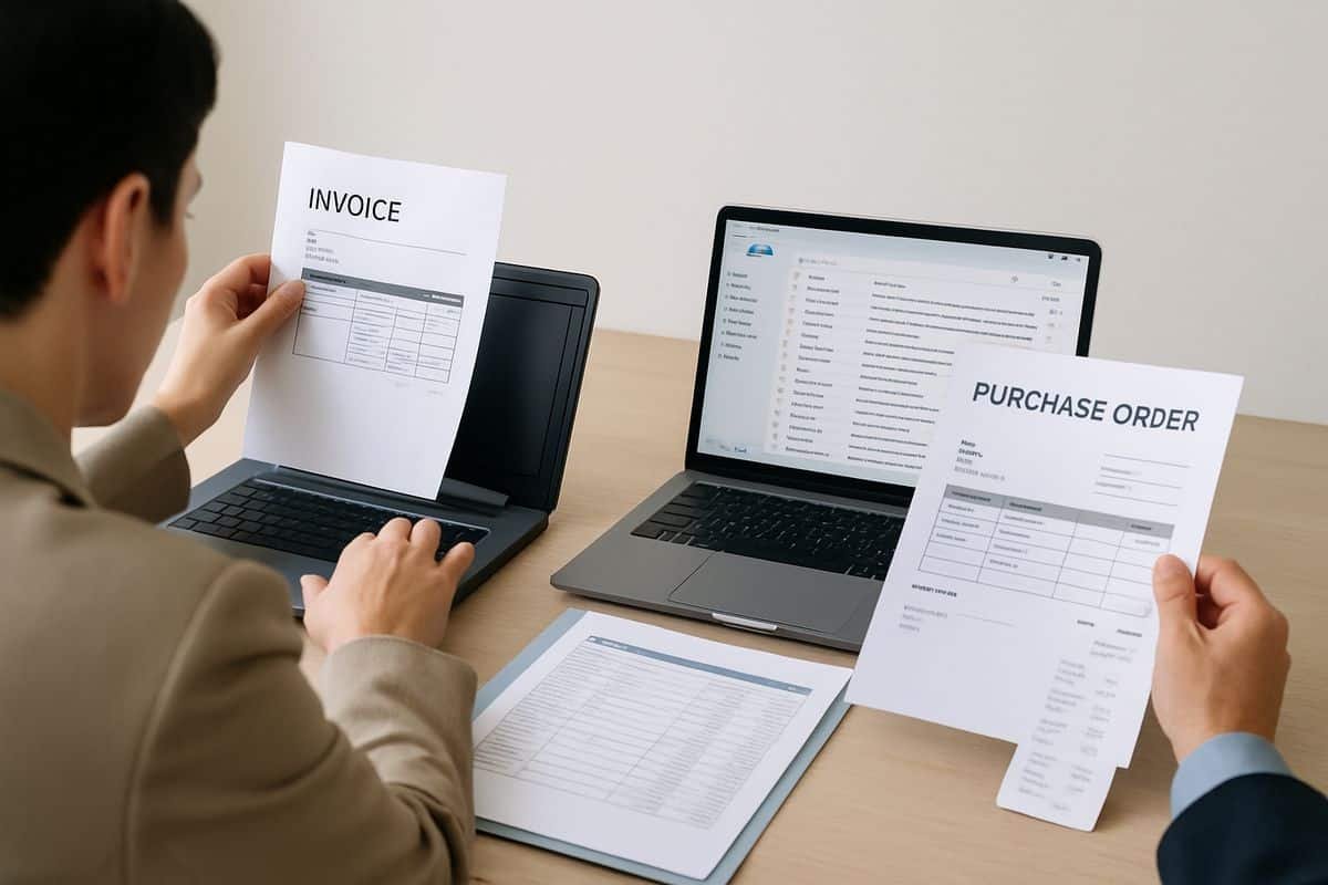 How to Set Up Invoice Approvals in Xero 2 A finance team member scanning a supplier invoice into a laptop while a second person checks a printed purchase order and receipt, with neatly organized documents and a dedicated email inbox open on the screen