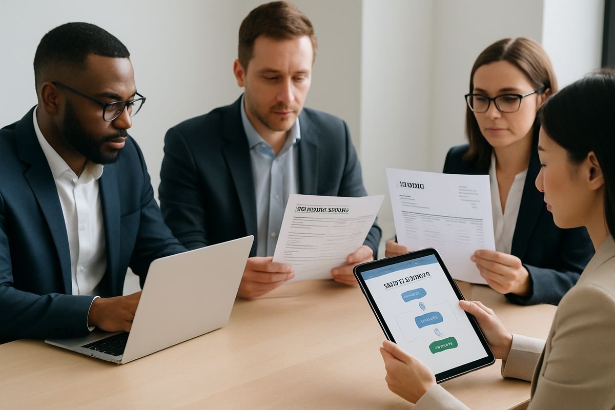 How to Avoid Late Payments With Better AP Control 2 A finance team in a meeting room reviewing a supplier invoice, a purchase order, and a tablet with an approval workflow, while one person checks supplier bank details on a laptop