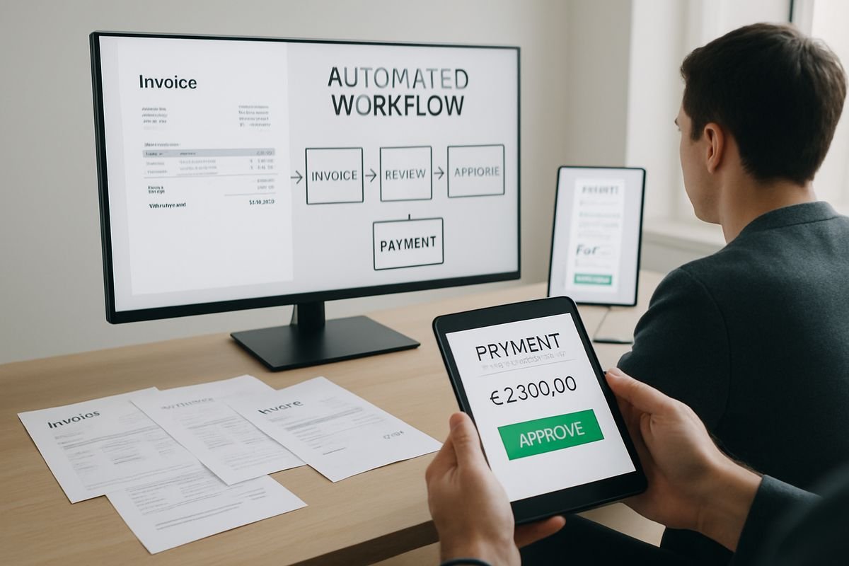 Xero Invoice Automation: What to Look for in a Tool 2 A person comparing invoices on a large monitor while another team member approves a payment on a tablet, with automated workflow steps shown across multiple screens and paper invoices scattered on a desk