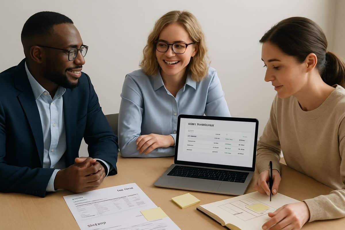Accounts Payable Workflow: What It Is and Why It Matters 3 A small project meeting around a table with a finance manager, an operations lead, and a laptop open to an invoice workflow screen, with printed invoices, sticky notes, and a notebook used to map out a pilot process