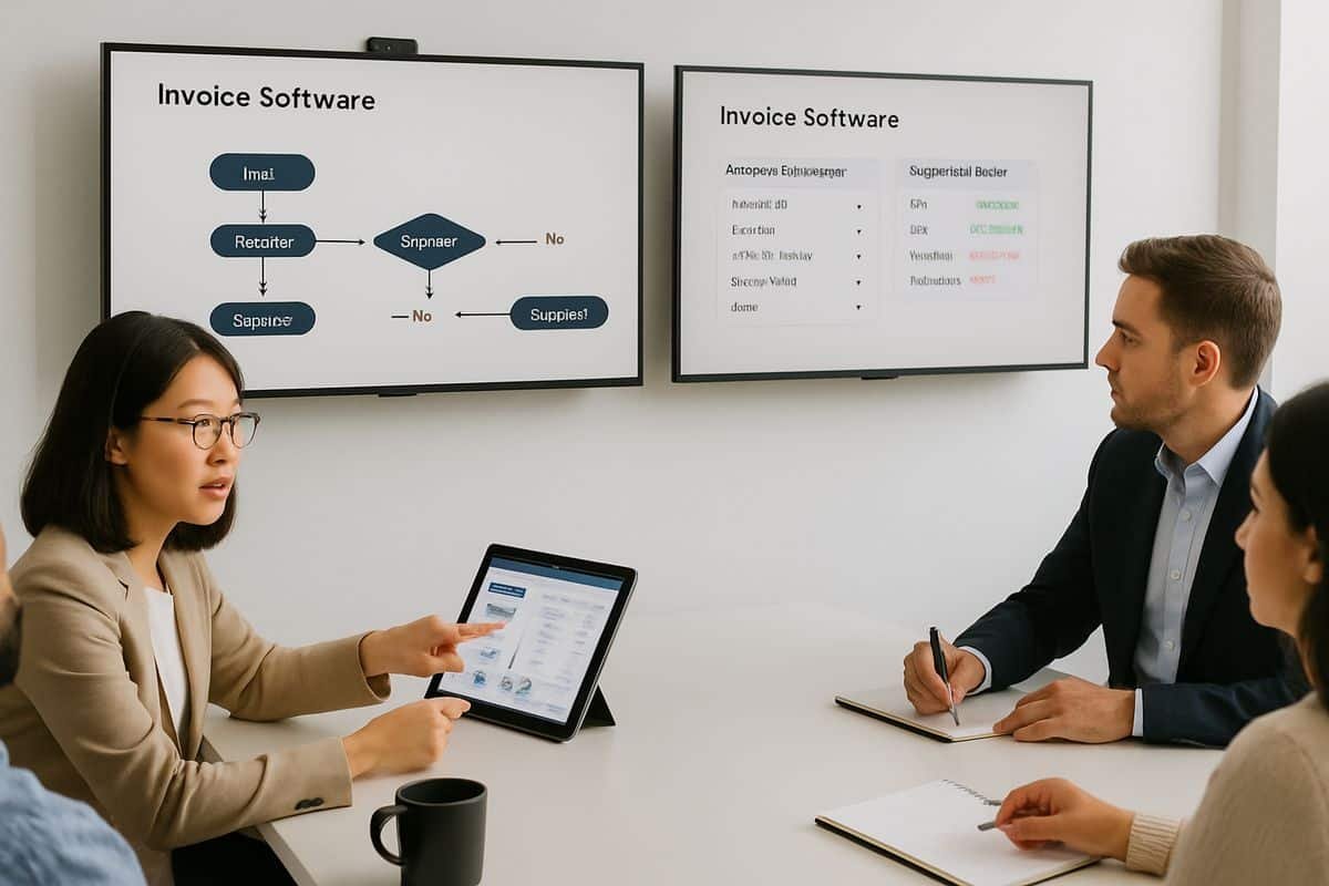A finance team in a meeting room comparing invoice software options on two large monitors, with one screen showing a routed approval workflow, another showing invoice exceptions and integration status, while someone points at a tablet and another takes notes