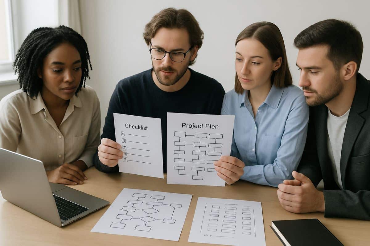 A small business team gathered in an office looking over printed workflow diagrams, a laptop, and notebooks spread across a table while one person compares a simple checklist with a more detailed project plan