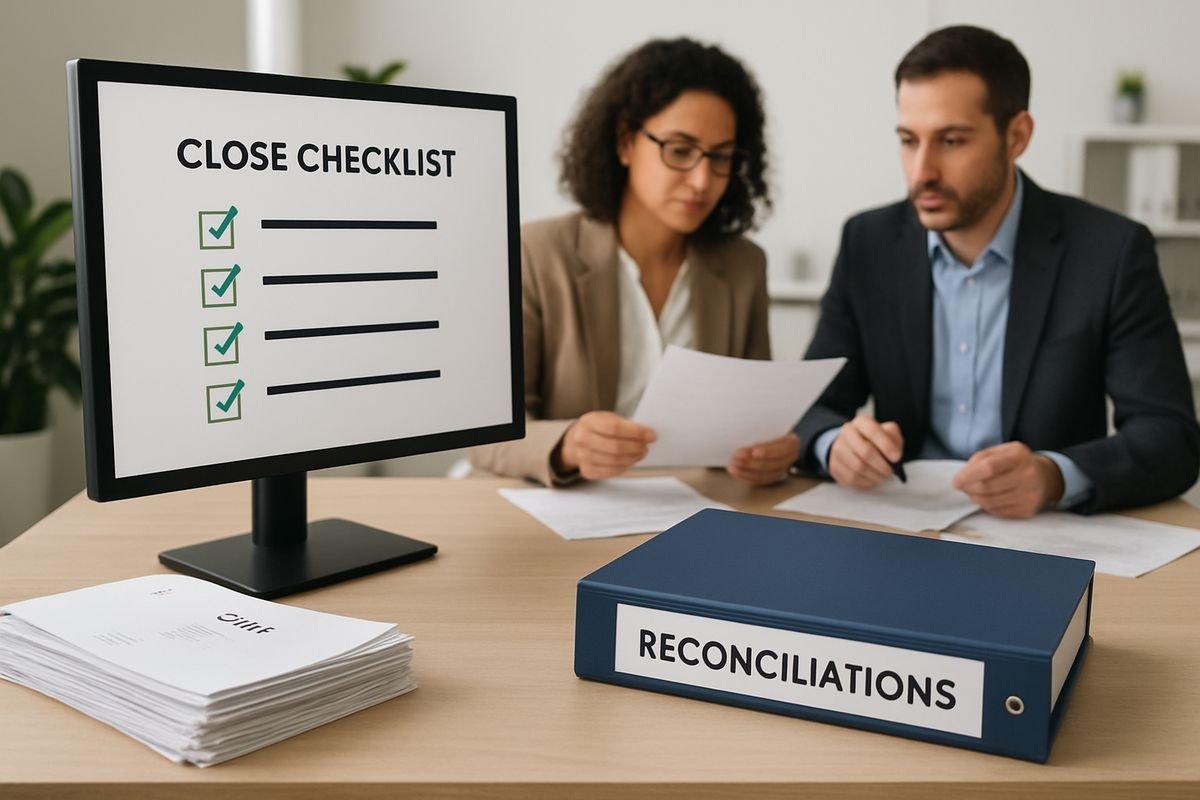 A busy finance workspace with a close checklist on a monitor, stacked invoices, a reconciliations binder, and two team members reviewing documents at a shared table