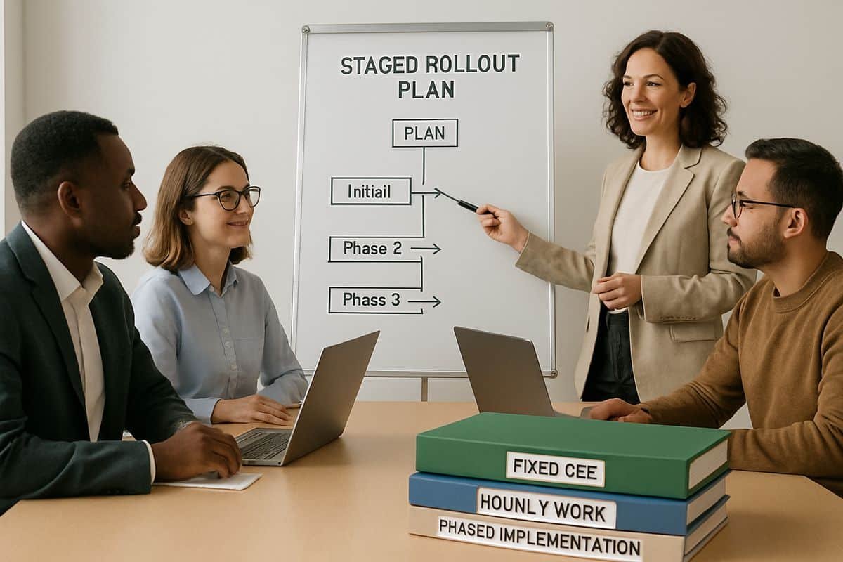 Software Implementation Costs: The Hidden Fees to Watch 3 A project team gathered around a whiteboard with a staged rollout plan, laptops open on a meeting table, and three stacked folders representing fixed-fee planning, hourly work and phased implementation