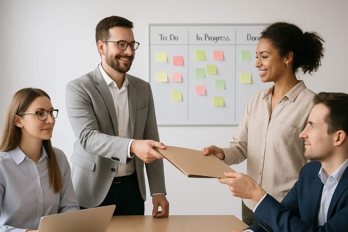 Do You Really Need a Task Management Tool? 3 A growing office team in a meeting room passing work between departments, with one person handing off a folder to another while a shared task board is visible on the wall behind them