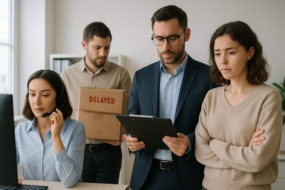 A customer service and operations scene with one employee answering a ringing phone, another looking at delayed delivery boxes, and a manager reviewing a clipboard while a worried customer waits nearby