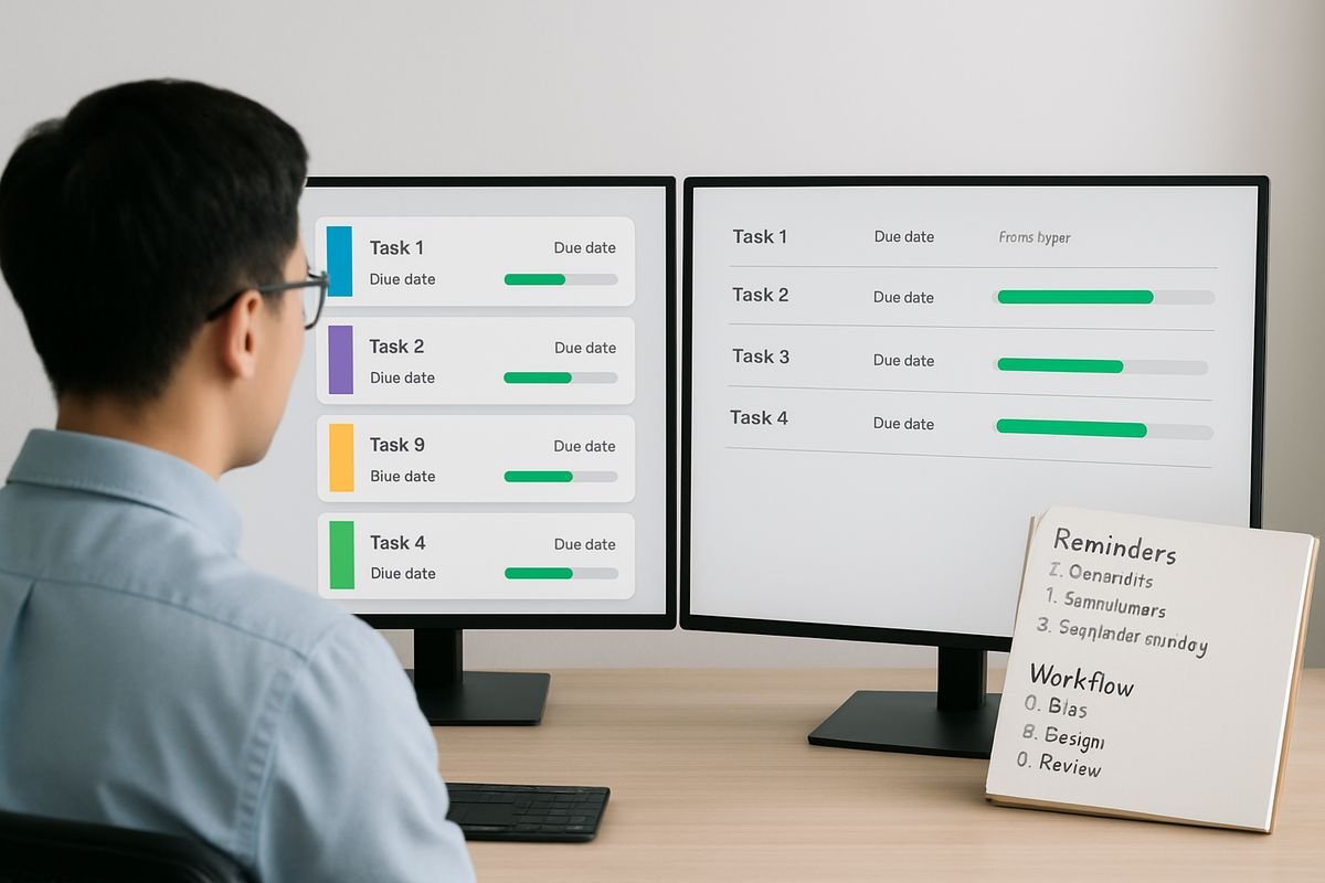 A person comparing two software screens on separate monitors, with one screen showing task cards, due dates, and progress bars, and a notebook beside them listing reminders and workflow steps