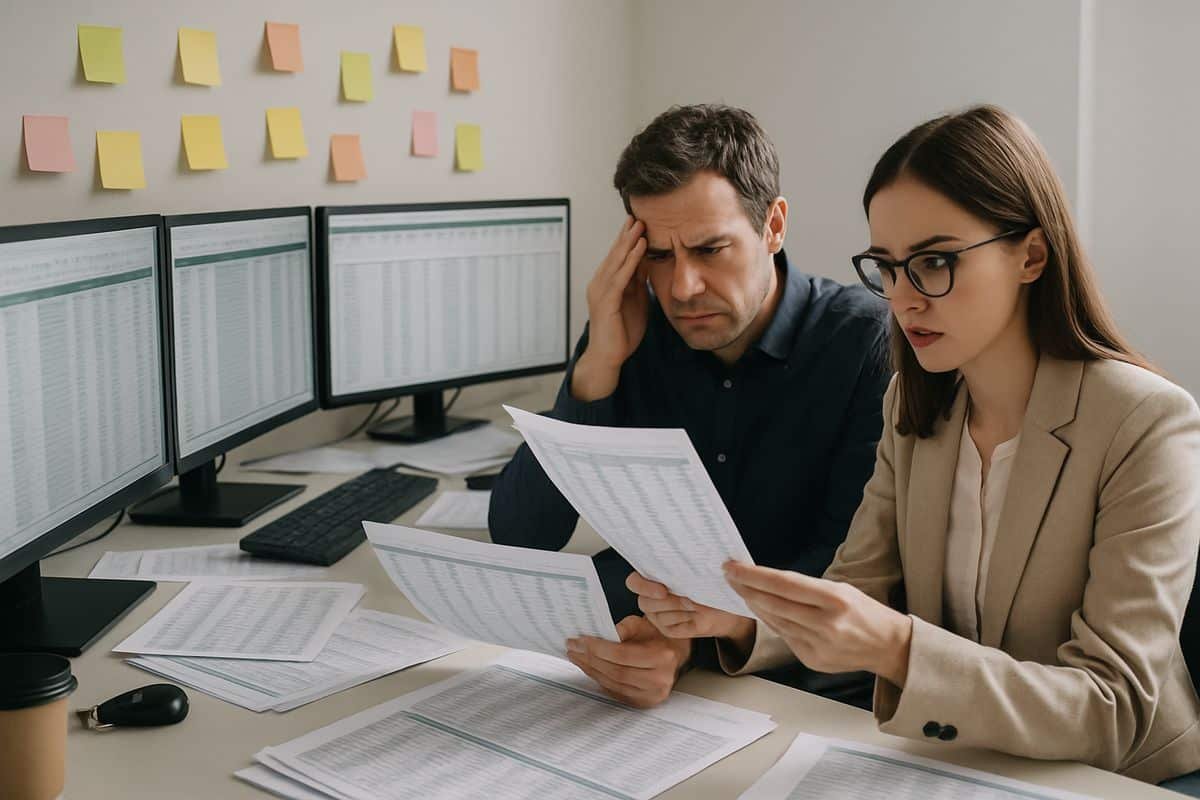 A cluttered workspace with multiple open spreadsheets on several monitors, sticky notes on the wall, and two employees comparing printouts while one looks frustrated
