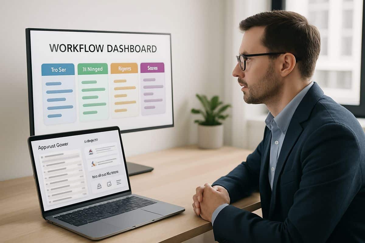 A product manager in a modern workspace reviewing a workflow dashboard on a large monitor beside a laptop showing approval queues, alerts, and connected business systems