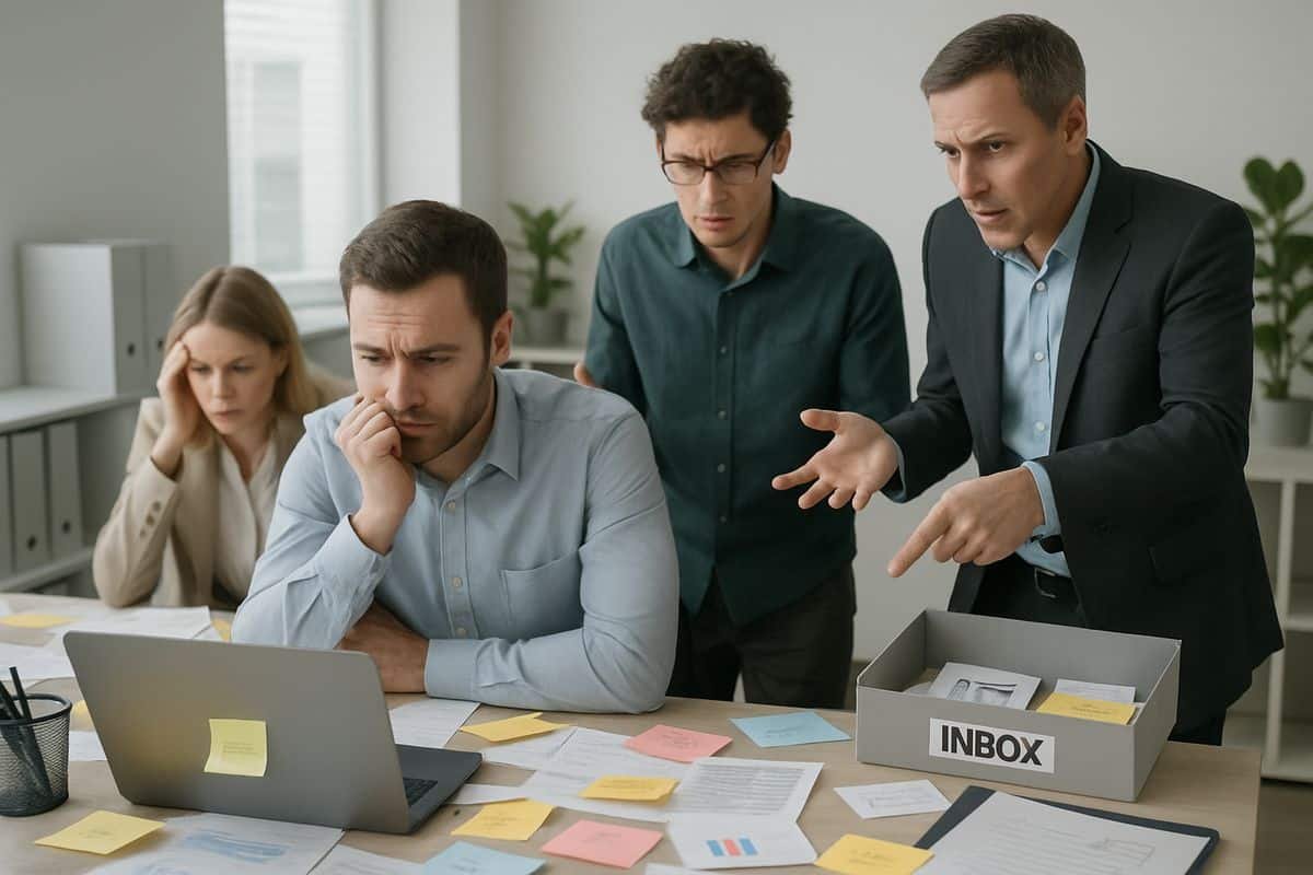 A busy office scene with one employee away from their desk and several coworkers looking confused over scattered emails, sticky notes, spreadsheets, and inboxes, while a manager points to a chaotic mix of unfinished work